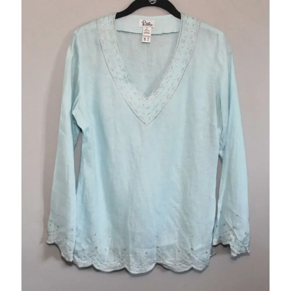 ✨2/$20 Flawed Lilly Pulitzer Linen Beaded Blouse Light Blue Top Small H11153 - Picture 3 of 16